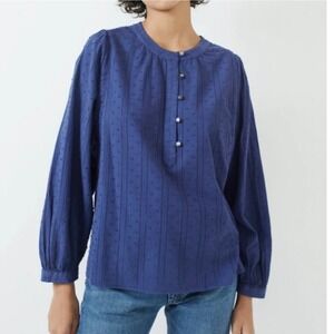 Alex Mill Lee Popover Swiss Dot Henley Long Sleeve Top in Midnight Navy - Small